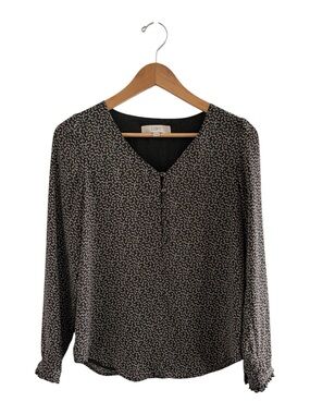LOFT Green Micro-Print V-Neck Long-Sleeve Blouse
